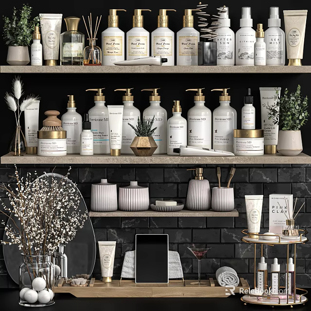 Stylish Modern Bathroom Accessories With Ceramic Bottles Jars And Green Plants On Shelves 3d model 