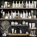 Stylish Modern Bathroom Accessories With Ceramic Bottles Jars And Green Plants On Shelves