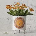 White Vase With Sun Face Design Featuring Yellow Flowers And Green Leaves