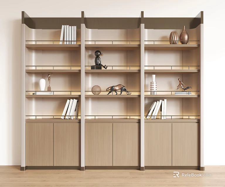 Modern Wooden Shelving Unit With Multiple Shelves Books Decorative Vases Sculptures And Cabinet Doors 3d model 