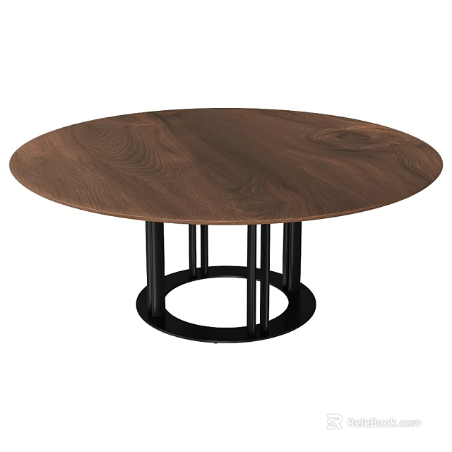 Round Dark Brown Wooden Dining Table Set With Black Metal Legs And Circular Base 3d model 