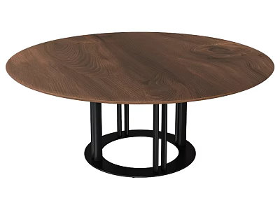 Round Dark Brown Wooden Dining Table Set With Black Metal Legs And Circular Base 3d model