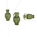 Three Green Ceramic Vessels Featuring Different Shapes And Intricate Carved Patterns 3d model