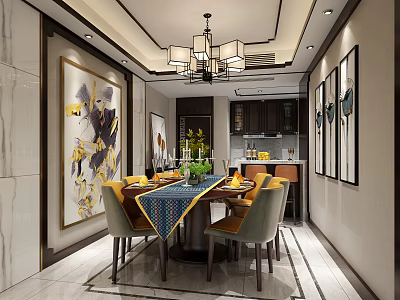 Modern Chinese Style Restaurant Interior With Chandelier Dining Table And Decorative Artworks 3d model