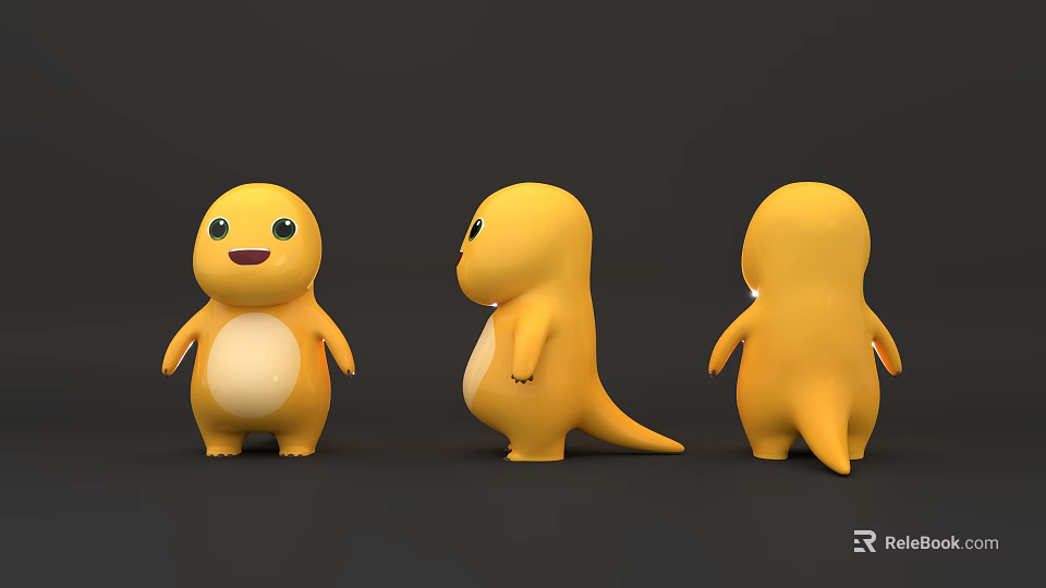 Three Yellow Dinosaur Dolls Display Front Side And Back Views 3d model 