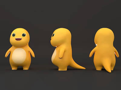 Three Yellow Dinosaur Dolls Display Front Side And Back Views 3d model