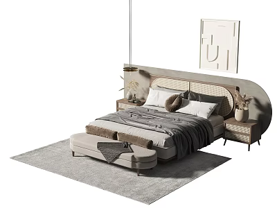 Modern Double Bed Bedroom Design With Upholstered Headboard Bedside Tables And Decorative Stool On Rug 3d model
