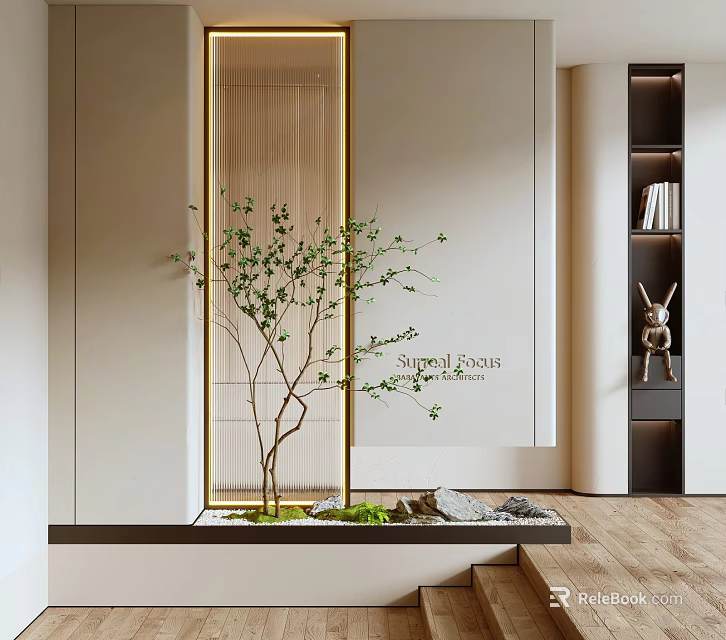 Minimalist Foyer Hallway With Natural Plants Stones And Shelf Decor 3d model 