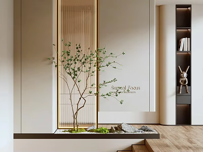 Minimalist Foyer Hallway With Natural Plants Stones And Shelf Decor 3d model