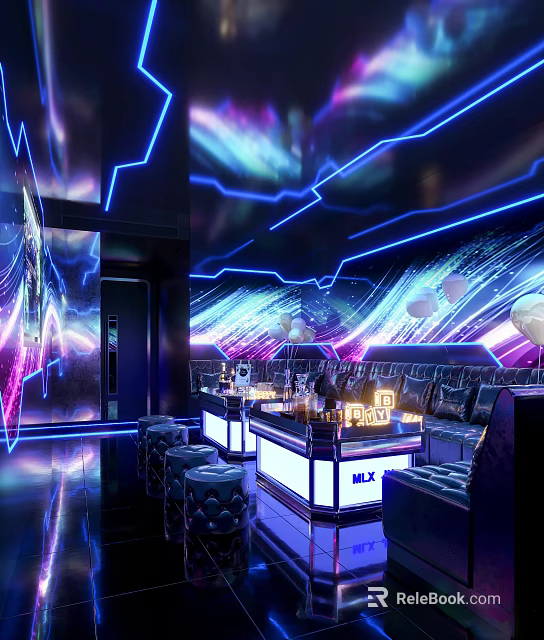 Modern Luxurious KTV Interior With Neon Lights Bar Counter Sofas And Projection Wall 3d model 