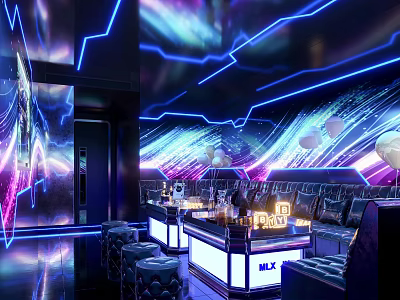 Modern Luxurious KTV Interior With Neon Lights Bar Counter Sofas And Projection Wall 3d model