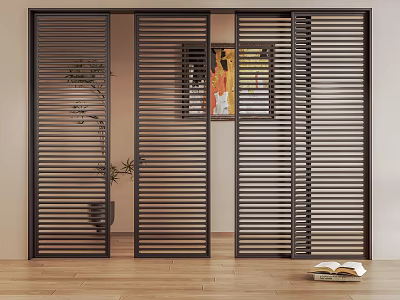 Modern Interior Featuring Dark Louvered Doors As Partition With Wood Floor Potted Plant And Art 3d model