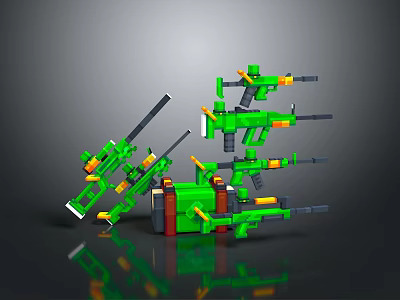 Green Building Block Toy Guns With Multiple Types And Orange Black Parts 3d model