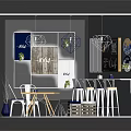 Modern Exhibition Booth Interior with Hanging Lights Wall Decor Display Shelves and Table Chairs