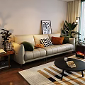 Beige Three Seater Sofa With Colorful Patterned Cushions Abstract Painting And Green Plants