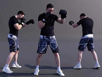 Men In Boxing Poses Wearing Black T Shirts Camouflage Shorts And White Sneakers 3d model