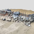 Abandoned Rusted Metal Construction Components With Scattered Stones And Sandy Soil