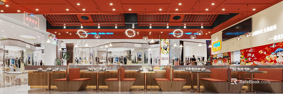 Stylish Hot Pot Restaurant Interior With Orange Seating And Lighting 3d model