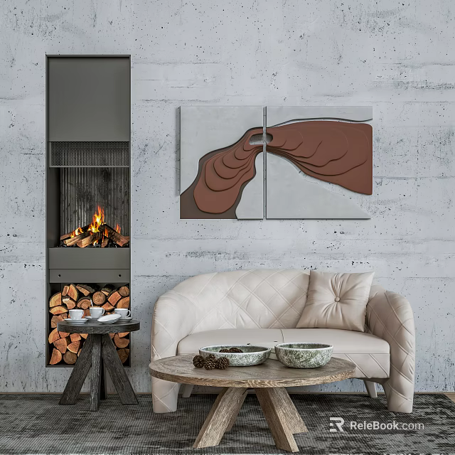 Comfortable Two Seater Sofa In Cozy Living Room With Fireplace Flames Firewood And Wall Paintings 3d model 