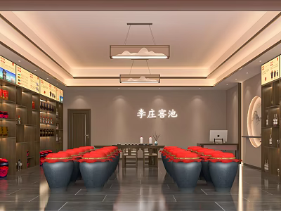 Traditional Chinese Wine and Spirits Store Interior With Display Shelves Red Decor And Lighting 3d model