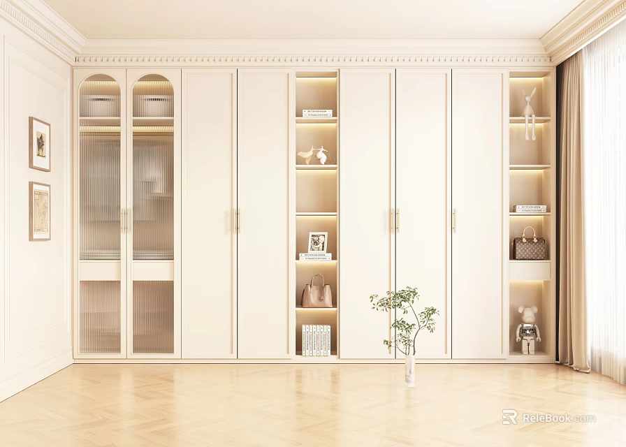 Modern White Built-in Wardrobe Interior Design With Glass Doors LED Lighting And Layered Storage 3d model 