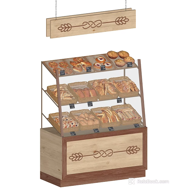 Wooden Bakery Display Shelf with Multiple Layers for Fresh Bread and Pastries 3d model 