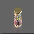 Glass Jar Filled With Colorful Pills Featuring Golden Lid And Pink Label