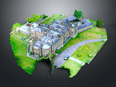 Cartoon Scene of a Large Castle with Green Lawn Trees Curved Driveway and Small Car 3d model