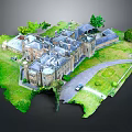 Cartoon Scene of a Large Castle with Green Lawn Trees Curved Driveway and Small Car