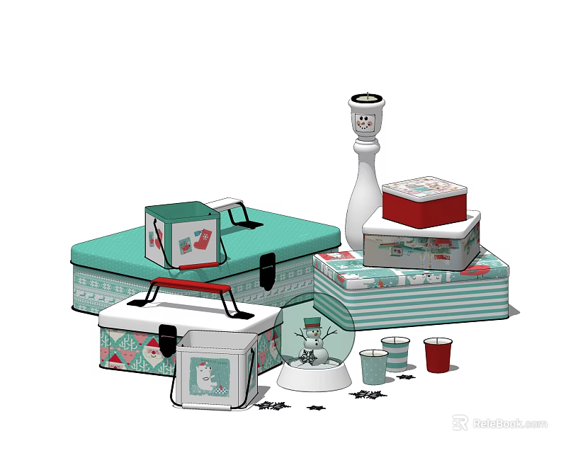 Colorful Decorative Ornament Set With Patterned Boxes Vase And Striped Cups 3d model 