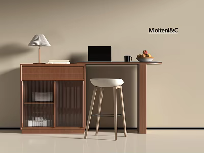 Modern Wooden Bar Counter With Stool Table Lamp Laptop And Fruit Plate 3d model