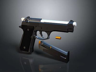 Black Tactical Pistol With Detachable Magazine And Brass Bullet On Reflective Surface 3d model