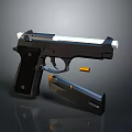 Black Tactical Pistol With Detachable Magazine And Brass Bullet On Reflective Surface