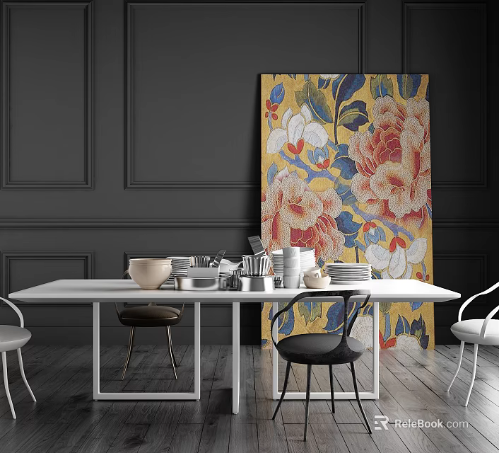Modern Dining Table Set with Chairs Colorful Floral Artwork Tableware Against Dark Wall 3d model