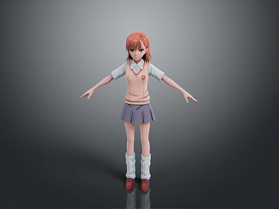 Red Haired Woman Wearing School Uniform Skirt And Stockings Standing With Outstretched Arms 3d model