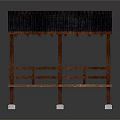 Wooden Pavilion Structure With Blue Roof Railings And Stone Pillar Bases
