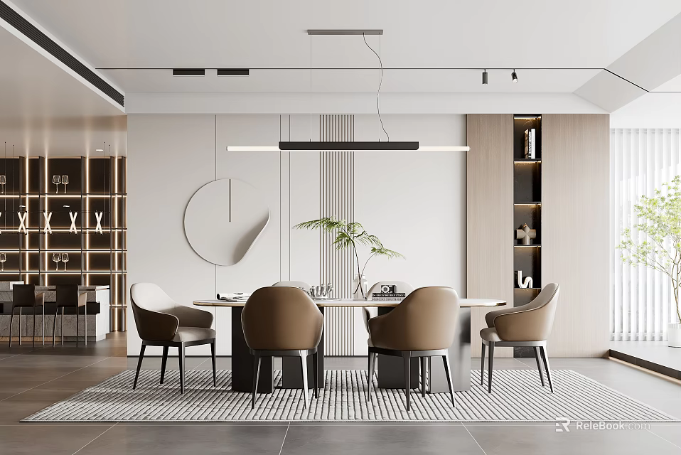 Modern Dining Room Interior With Table Chairs Pendant Light And Shelves 3d model