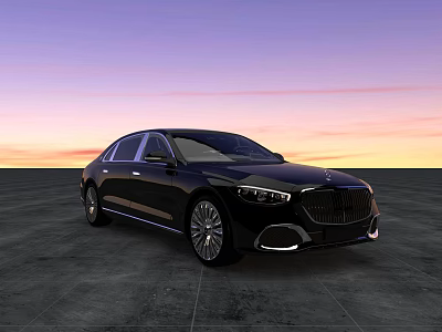 Black Luxury Sedan Parked On Gray Concrete Ground With Sunset Sky Background 3d model
