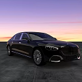 Black Luxury Sedan Parked On Gray Concrete Ground With Sunset Sky Background