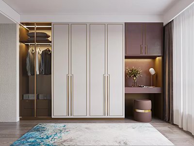 Modern Bedroom with White Wardrobe Gold Handles Brown Cabinets Dressing Table Lamp and Floral Rug 3d model