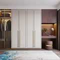 Modern Bedroom with White Wardrobe Gold Handles Brown Cabinets Dressing Table Lamp and Floral Rug
