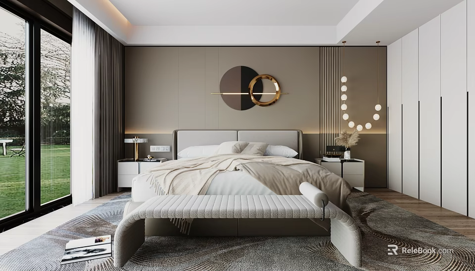 Modern Bedroom Interior With Circular Gold Decor Bed Wall Design Large Window Bench And Rug 3d model 