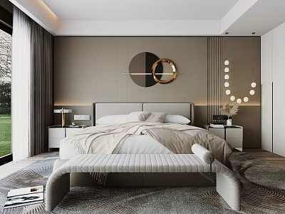 Modern Bedroom Interior With Circular Gold Decor Bed Wall Design Large Window Bench And Rug 3d model