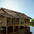 Bamboo hut thatched hut wooden hut waterside hut desert island hut fishing bamboo water hut lake island single log bridge lake view bamboo forest stone 3d model