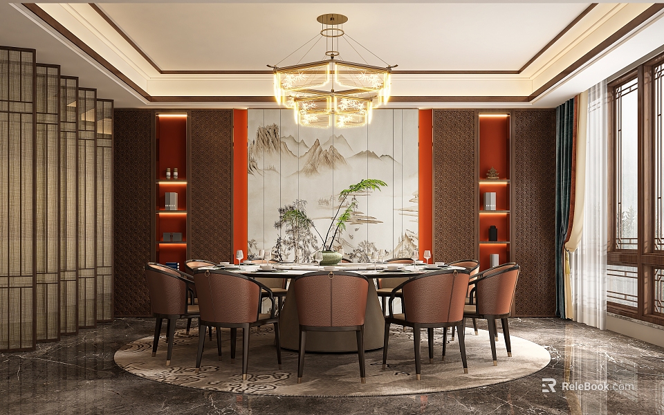 Chinese Style Private Dining Room With Round Table Chandelier And Landscape Painting Backdrop 3d model 