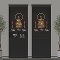 Black Symmetric Cabinets With Buddha Statues Golden Halos Red Candles And Green Plants