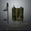 Military Style Vintage Flamethrower With Green Gas Cylinders Spray Gun Component And Connected Pipes