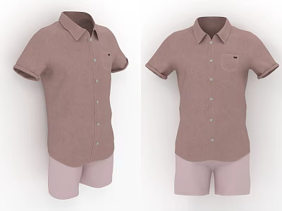 Light Brown Short Sleeve Button Down Shirts With Pocket And Pale Pink Shorts Outfit 3d model