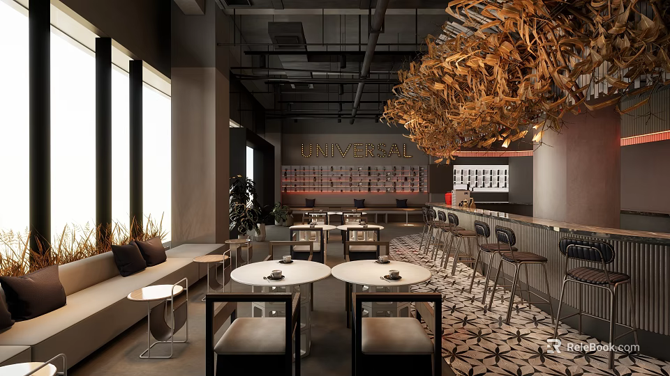 Modern Café Interior With Stylish Chandelier Tables Chairs And Bar Counter 3d model 