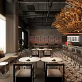 Modern Café Interior With Stylish Chandelier Tables Chairs And Bar Counter